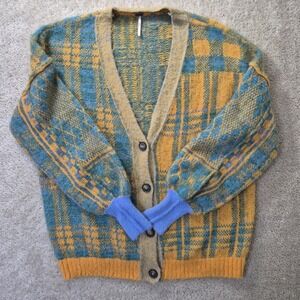 Free People Sepia Cardigan Sweater Large Yellow Blue Plaid Oversized Grandma